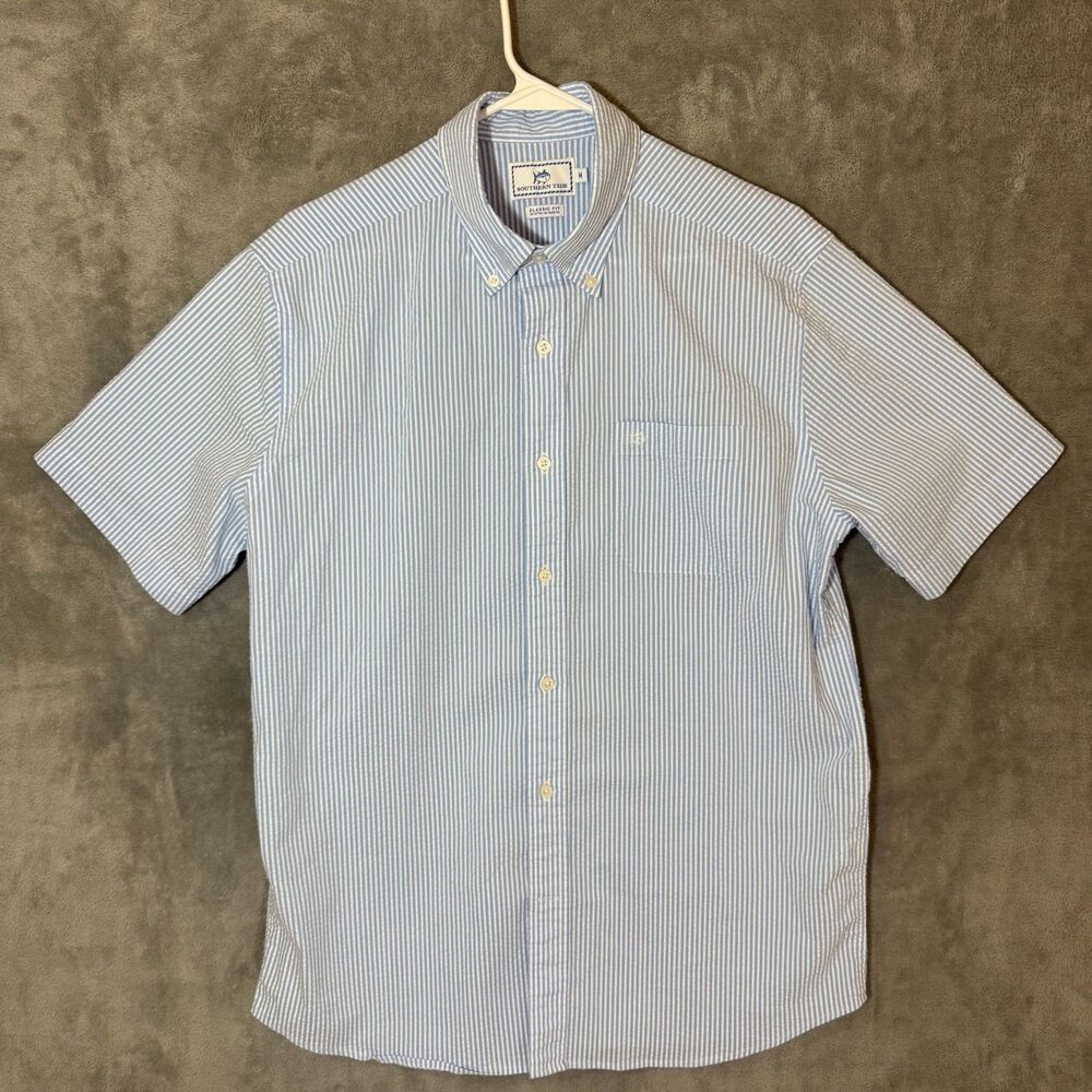 Southern Tide Men's M Blue Seersucker Short Sleeve Button Down Shirt Classic Fit
